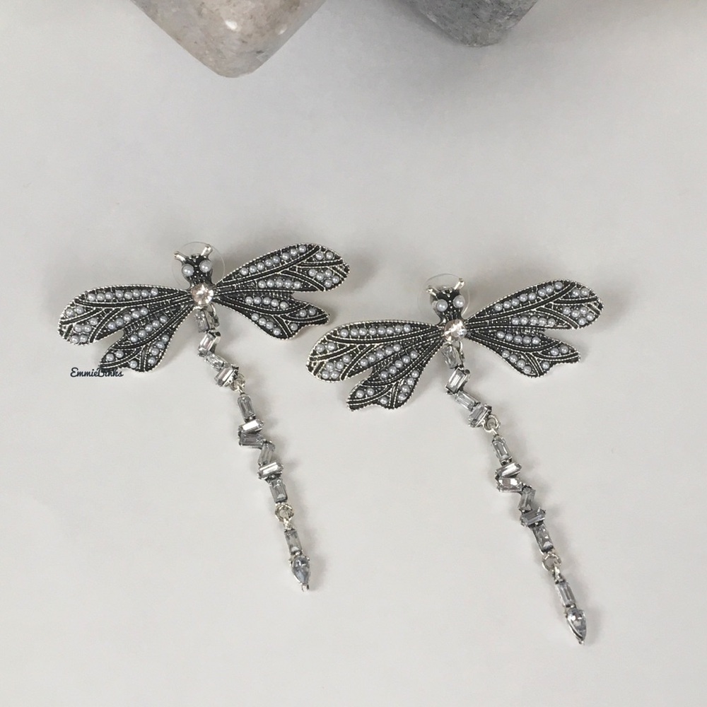 New Zara Sparkle Dragonfly Statement Earrings - Picture 9 of 16
